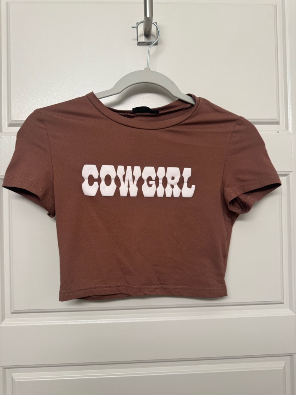 SHEIN Brown Baby Tee with White 'COWGIRL' Graphic